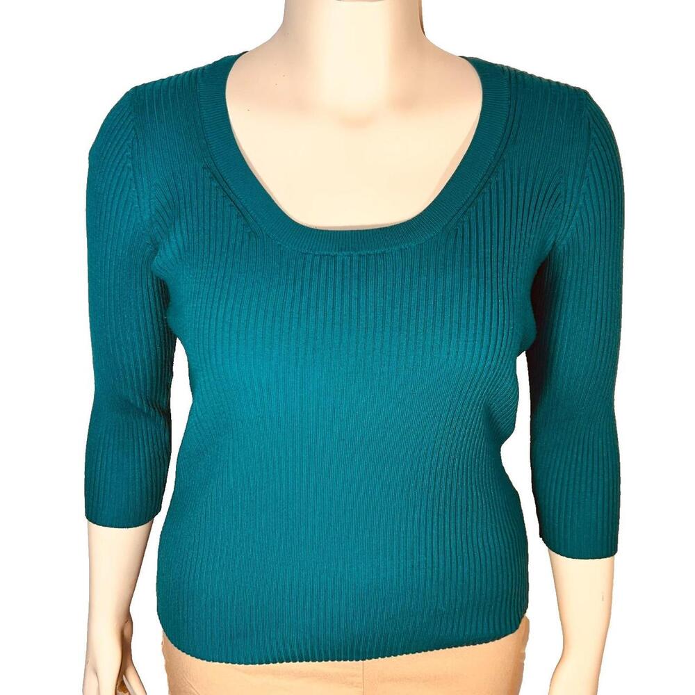 New York & Company Sweater Womens L Teal Ribbed Scoop Neck 3/4 Sleeve